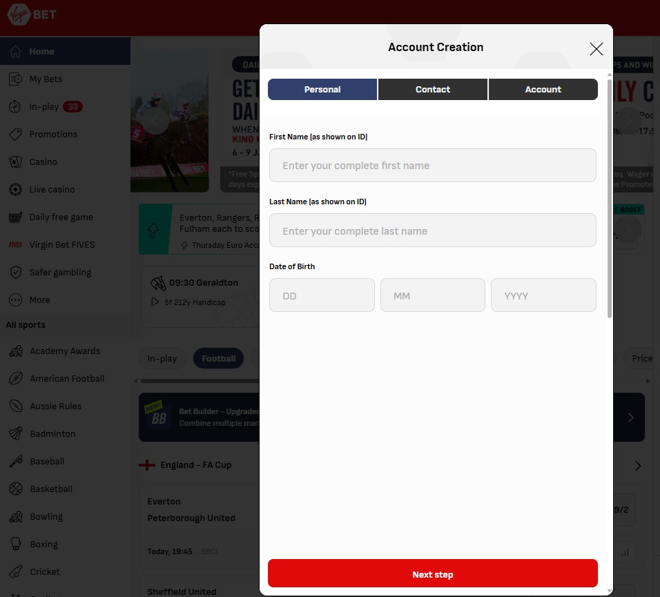 virgin bet account creation page 1. Enter name, date of birth & click next step